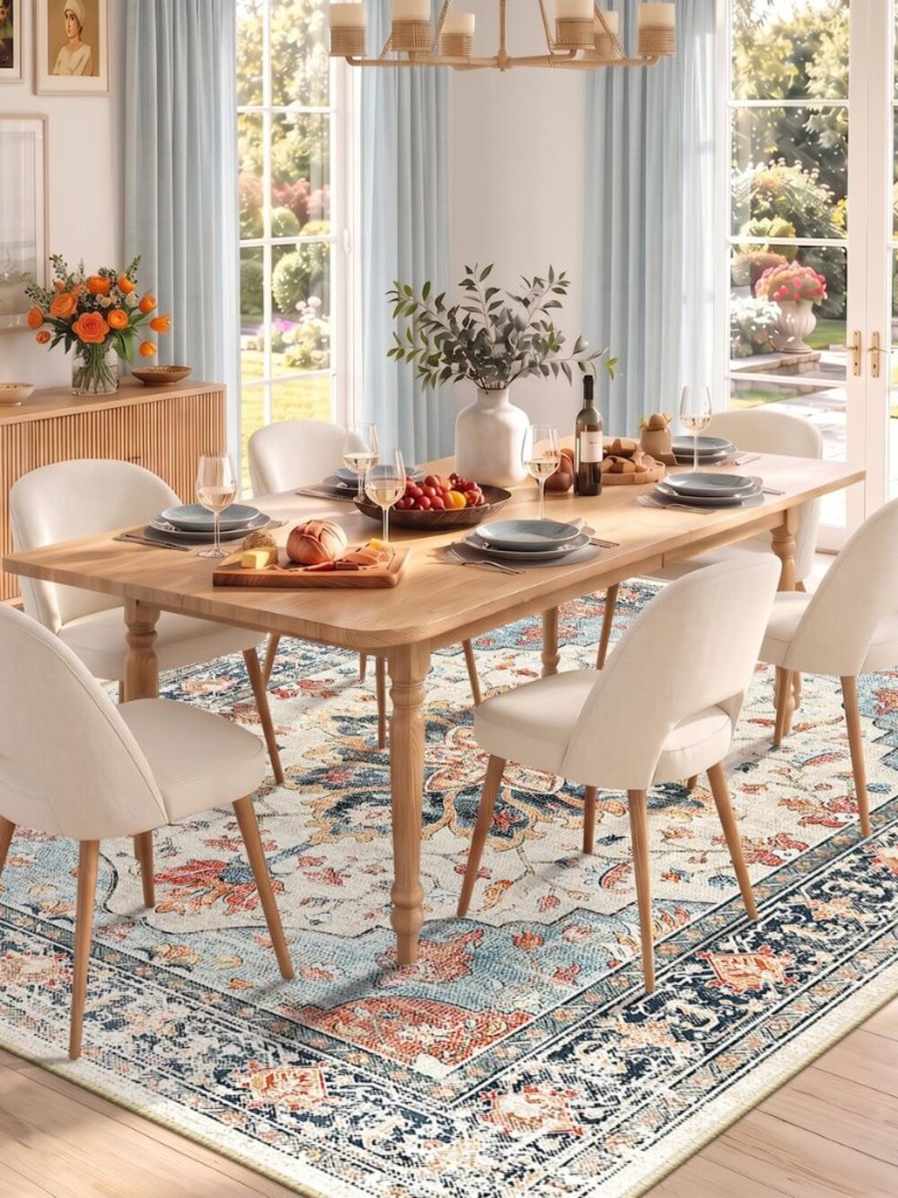 Washable Area Rug, 8'x10', Beige/Blue/Orange - Picture 3 of 8